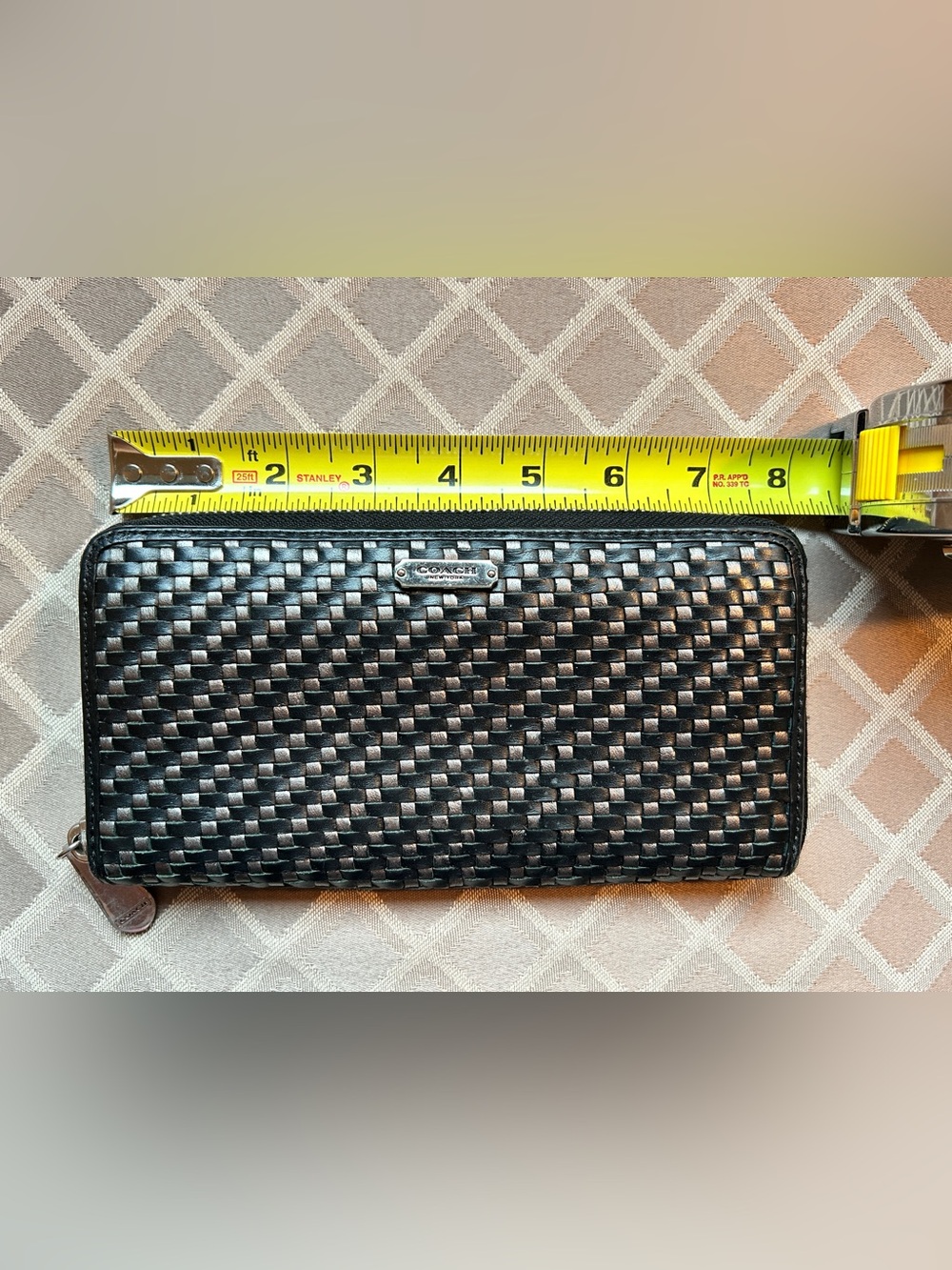 Coach Black and Silver Woven Leather Zip-Around Wallet